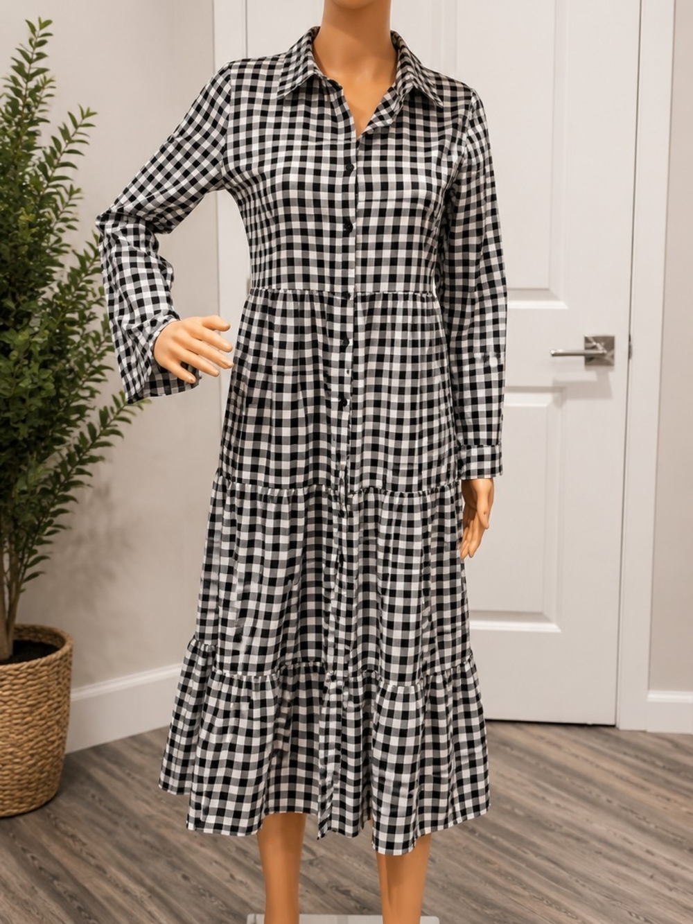 Black & White Gingham Tiered Shirt Dress